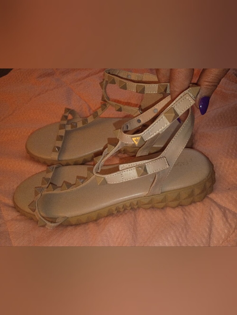 Fashion Nova Beige Studded T-Strap Sandals - Women